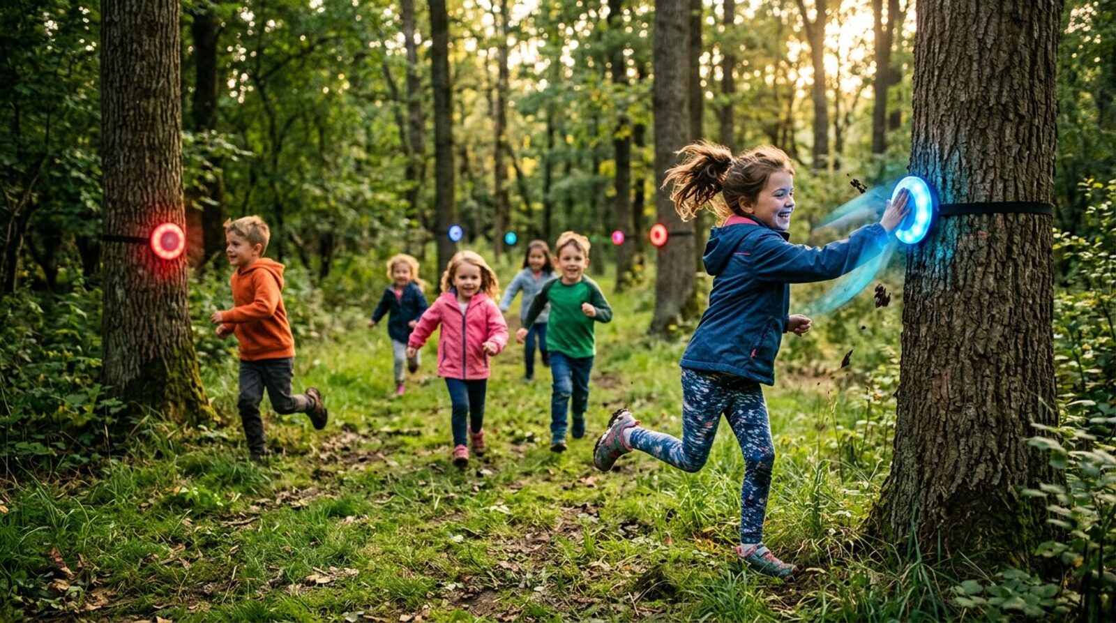 Kids running through a forest with glowing pods strapped to trees