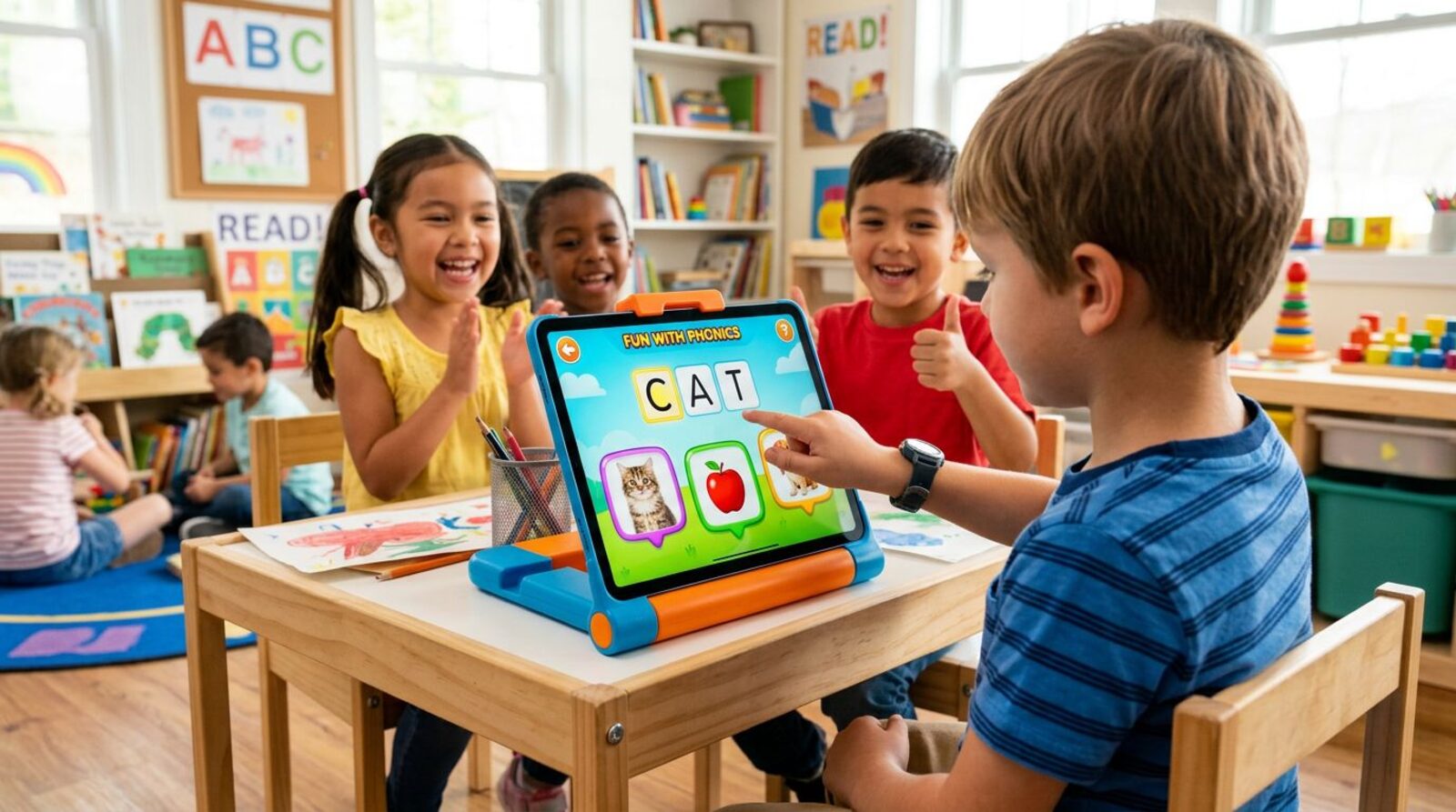 Kids around an iPad brain station showing a phonics puzzle